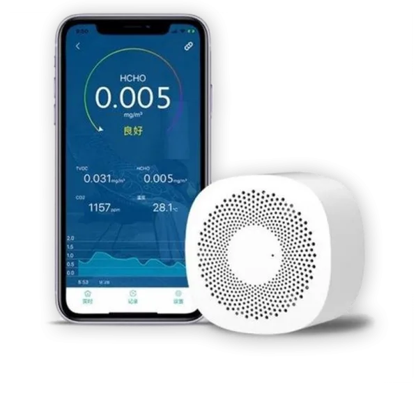 Een luchtkwaliteitsmeter met een telefoon ernaast.