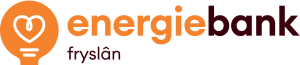 Logo van Energiebank Fryslân, met een oranje gloeilampvorm met een hart erin en de tekst "energiebank Fryslân.