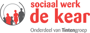 Logo van Sociaal Werk De Kear, onderdeel van Tintengroep, met silhouetfiguren en tekst in rood en zwart.